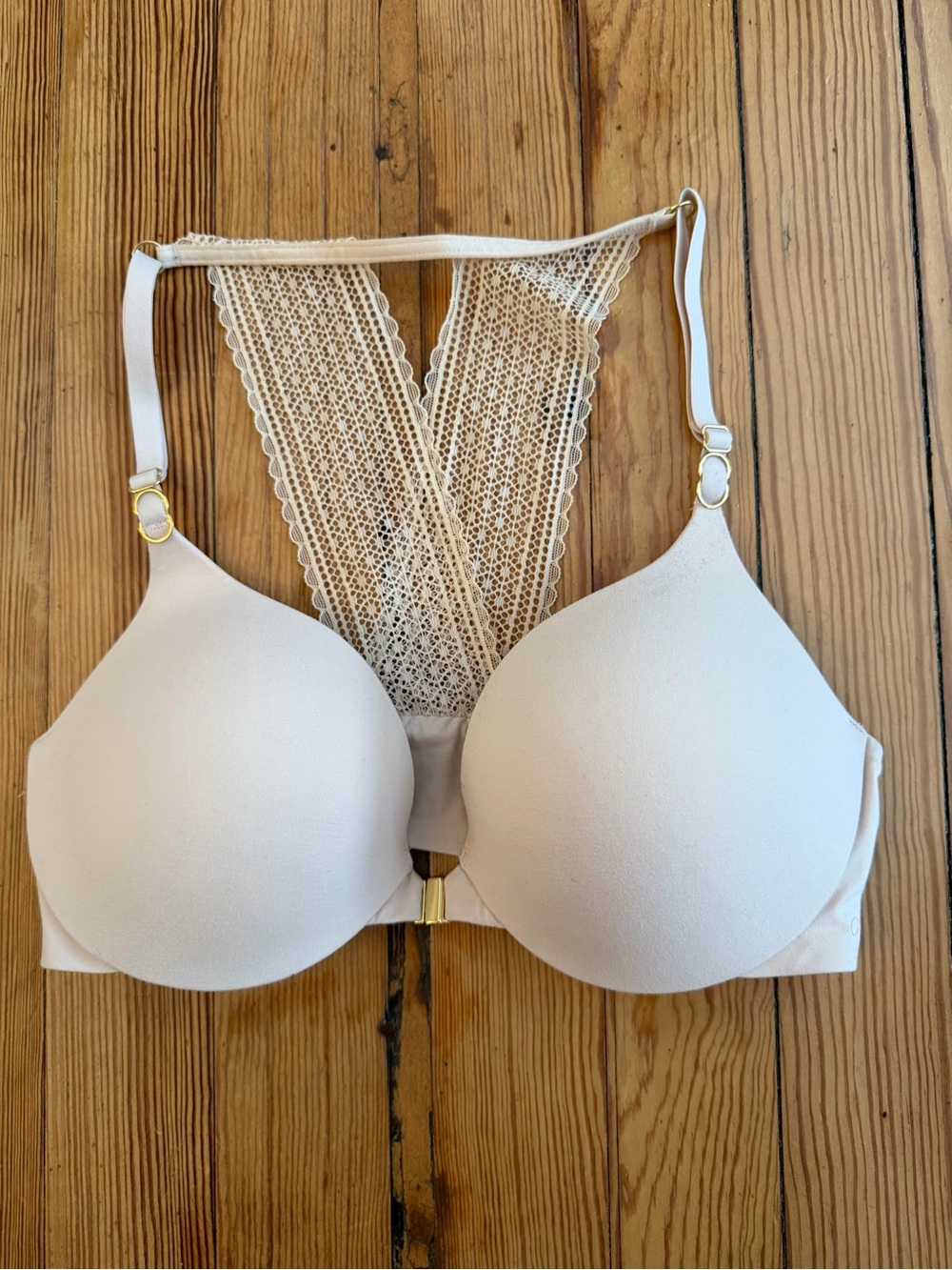 Victoria’s Secret 32C Front Close Racerback Bra Nude Beige Lace Back Push Up